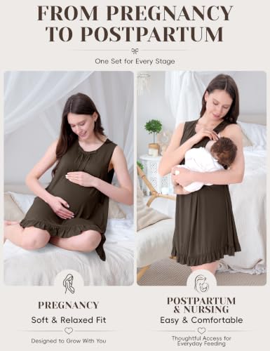 Maternity Nursing Gown & Robe Set, Ruffle Labor Delivery Nightgowns - color: Taupe, size: Small