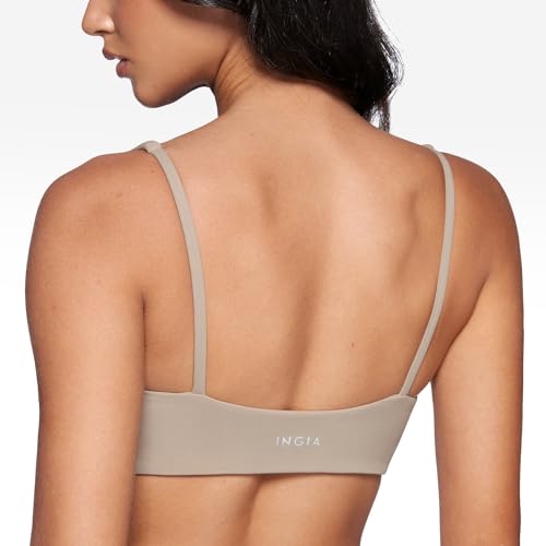 INGIA Women's Square Scoop Neck Sports Bra Thin Strap Padded Yoga Bra - color: Sand, size: Small