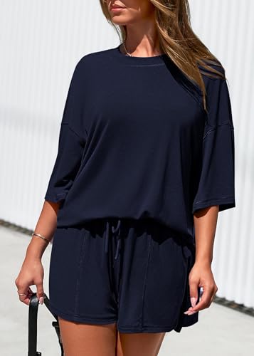 KIRUNDO 2 Piece Sets for Women Summer Lounge Sets Casual - color: Navy Blue, size: Small