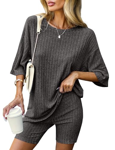 Ekouaer Women 2 Piece Lounge Sets Ribbed Knit Oversized Shirt Biker Shorts - color: Black Grey, size: Small