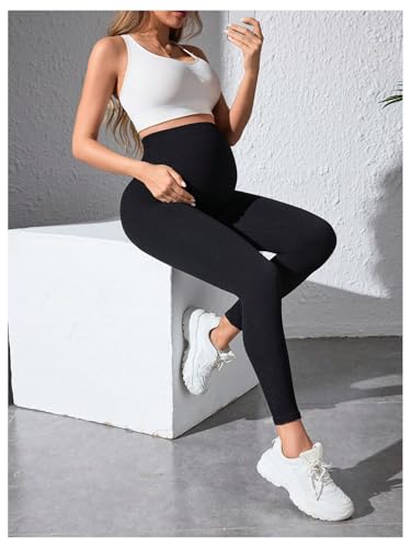 OYOANGLE Maternity High Waisted Ribbed Leggings Over The Belly Yoga Pants - size: Large