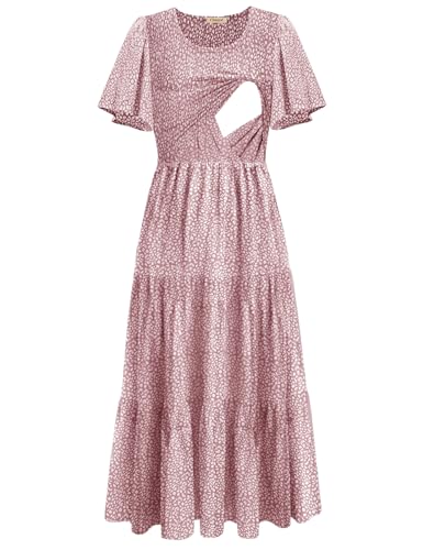 CzzzyL Womens Nursing Dress Summer Floral Print Smocked Maxi with Pockets - color: Leopardpink, size: Medium