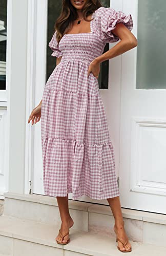ZESICA Women's Summer Boho Gingham Puff Sleeve Square Neck Beach Midi Dress - color: Taro, size: Large