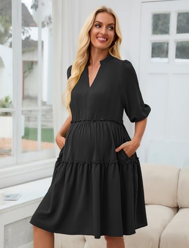 Angashion Women's Maternity Nursing Dress: V-Neck Hidden Zipper Pockets - color: Black, size: X-Large