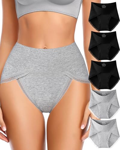 UMMISS Cotton Underwear for Womens High Waisted Slight Tummy Control High Cut Panties Full Coverage Ladies Briefs 5 Pack - color: C-black*3, Grey*2-5 Pack, size: Medium