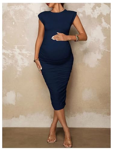 OYOANGLE Women's Maternity Crew Neck Short Sleeve Ruched Dress Pregnancy Bodycon Midi Dresses - size: Small