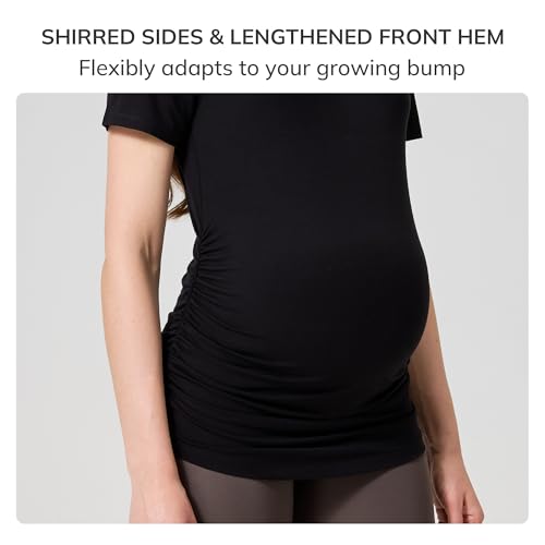 netdraw Buttery Soft Bamboo Viscose Maternity T Shirt, Pregnancy Short Sleeve Side Ruched Casual Tops - color: Black, size: Small