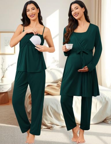 SWOMOG Maternity Nursing Robe Set 3 PCS Postpartum Pajamas Breastfeeding Pregnancy Robe & Camisole & Pants - color: Emerald Green, size: Large