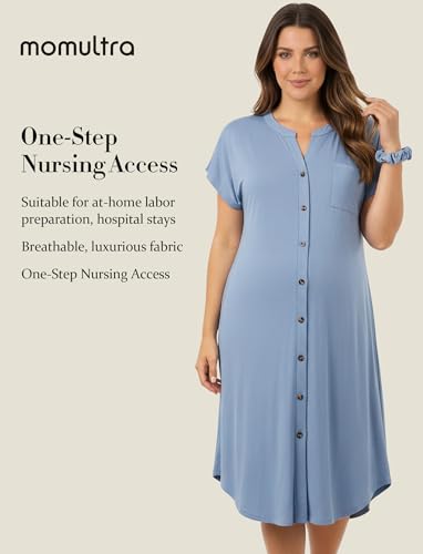 PATPAT Maternity Nursing Dress, Womens Button-Down Midi Dress with Pockets - color: Dusty Blue, size: X-Large