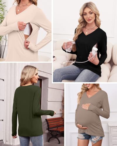 4 Pack Women's Long Sleeve Nursing Maternity Shirts - color: Black, Army Green, Cream, Light Khaki, size: Small