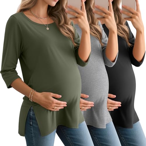3 Pack Women's 3/4 Sleeve Maternity Loose Crewneck Tops - color: Army Green, Light Mixed Gray, Black, size: X-Large