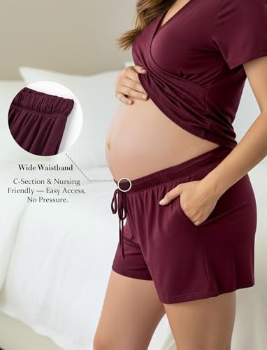 PATPAT 3-Piece Maternity Nursing Pajamas, Womens Lounge Set with Pockets - color: Burgundy, size: Large