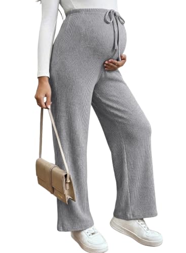 BLENCOT Maternity Pants Casual Stretchy Wide Leg Pregnancy Trousers - color: Grey, size: Medium