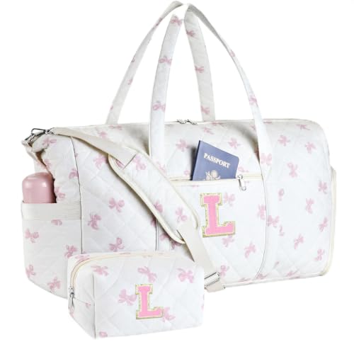 Personalized Quilted Duffle Bag for Travel Gym Weekender Hospital Carry On - color: Pink Bow, size: L