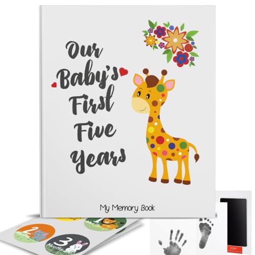 Novarena First 5 Years Baby Memory Book Journal Scrapbook 48 Pack Monthly Milestones Stickers & Clean-Touch Baby Safe Ink Pad - color: Giraffe and Jungle Theme Unisex