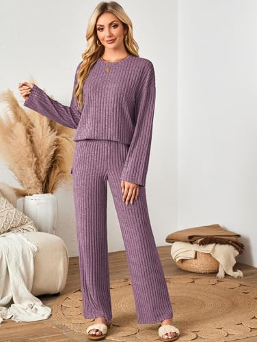Kikibell Womens Sets 2 Piece Outfits Matching Lounge Set Cozy Knit Pajamas - color: Purple, size: Medium