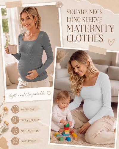 Huukeay 4 Pack Women's Maternity Shirts Ribbed Pregnancy Tops - color: Black, Dark Gray, Light Gray, White, size: Large