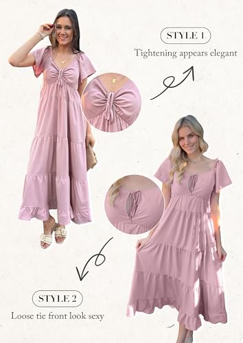 ECOWISH Womens Summer Maxi Dress 2026 Flutter Short Sleeve V Neck Tie Front Wedding Guest Vacation Tiered Flowy Dresses - color: Grey Blue, size: Medium