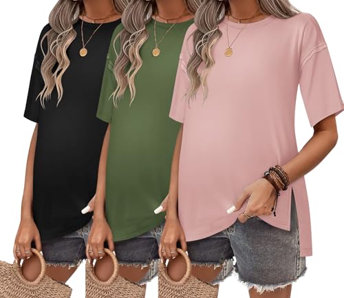 Ekouaer Maternity Shirts 3 Packs Short Sleeve Split Side Pregnancy Tops - color: Black/Army Green/Dirty Pink, size: Medium