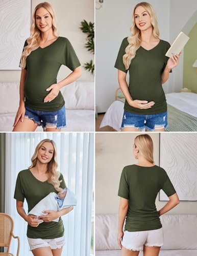 Ekouaer 3 Pack Maternity Shirts V Neck Pregnancy Tops Tunic Blouse Summer - color: Grey/Black/Army Green, size: Medium