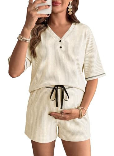 BLENCOT Maternity Pajamas Nursing Set Shorts Pregnancy Pj Sets - color: Apricot, size: XX-Large