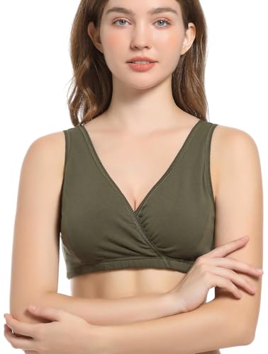 CAKYE 3 Pack Maternity Nursing Sleep Bra Breastfeeding Cotton Bralette - color: Nude/Army Green/Atrovirens, size: Small
