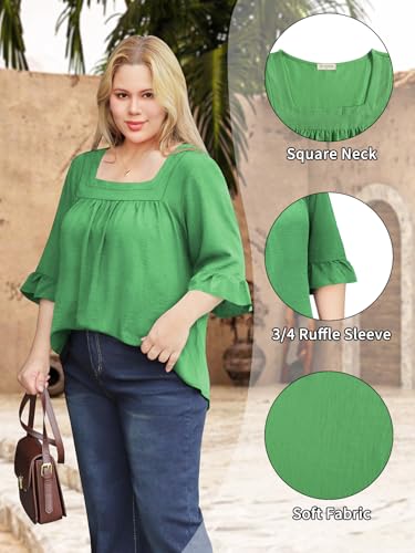 Bulotus Womens Plus Size Tops Square Neck Blouse Boho Top Chiffon 3/4 Sleeve Ruffle Shirt Cute Tunic 2026 Spring Summer - color: Green, size: X-Large Plus