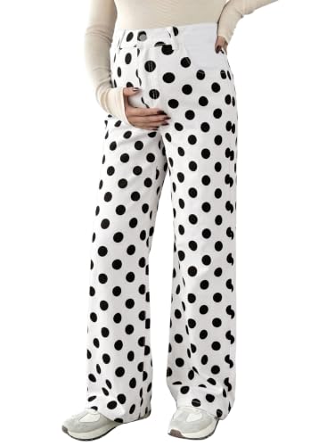 BLENCOT Women's Maternity Jeans Fashion Printed Pregnancy Denim Pants - color: Dot White, size: XX-Large