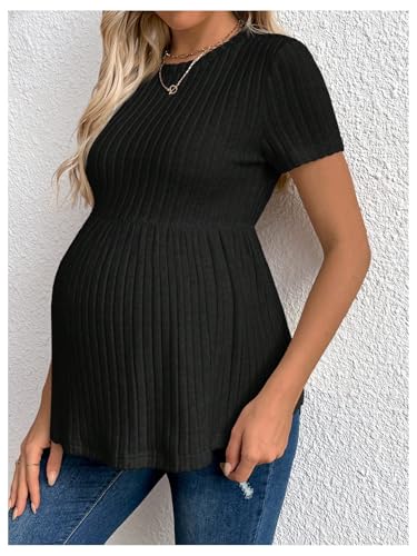 RoseSeek Women's Ribbed Knit Maternity T Shirt Short Sleeve Peplum Tops - color: Black, size: Medium