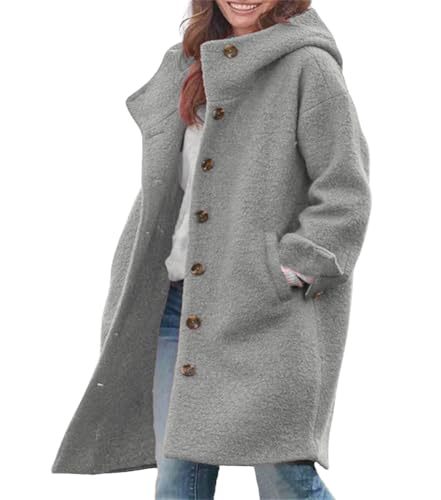 chouyatou Women's Winter Single Breasted Long Wool Coat with Hood Casual Wool Blend Trench Coat Jacket - color: Gray, size: Small