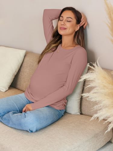 Women's Maternity Fall Tops Long Sleeve Crew Neck Ribbed Knit Slim Fitted Blouse Side Ruched Pregnancy Shirts - color: Long Sleeve-light Brown, size: Medium
