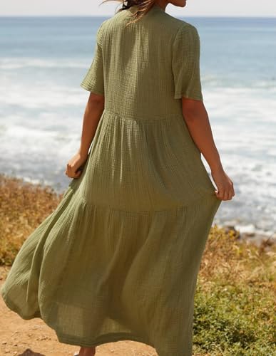R.Vivimos Womens Summer Cotton Casual Flowy Maxi Dress - color: Army Green, size: Medium