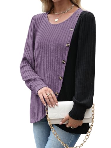 MixShe Womens Knit Sweaters 2026 Fall Winter Casual Long Sleeve Ribbed Colorblock Button Pullover Tops - color: Purple, size: Large