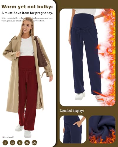 3 Pack Fleece Lined Maternity Sweatpants Lounge Pants - color: Black, Navy Blue, Wine Red, size: Large