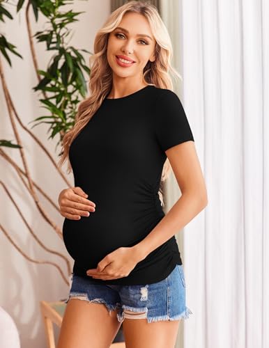 Ekouaer 3/4 Pack Womens Maternity Shirts Short Sleeve Pregnancy Tops - color: Z 4pcs Black / Brown / Light Grey / White, size: Medium