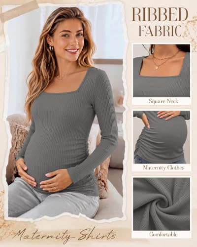 Huukeay 4 Pack Women's Maternity Shirts Ribbed Pregnancy Tops - color: Black, Dark Gray, Light Gray, White, size: Large