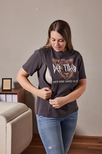 Nursing Shirts for Breastfeeding Maternity Top Cotton Pregnancy Clothes for Women with Zip Loose Fit - color: Dark Grey, size: Small