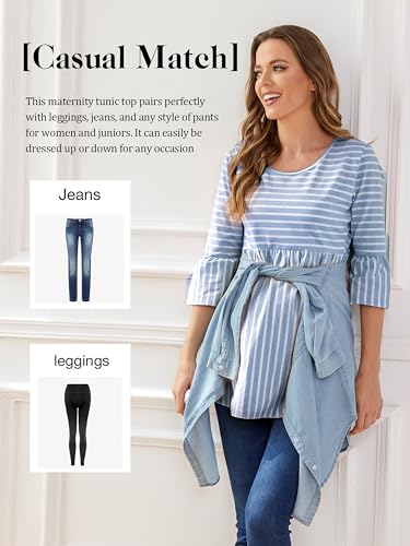 Ecavus Women's Maternity Shirt Striped Peplum 3/4 Sleeve Maternity Top - color: 01-sky Blue White Stripe, size: Medium