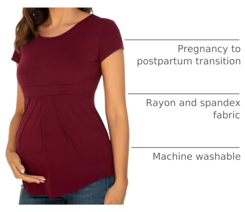 Glampunch Maternity Tops, Front Pleat Peplum Tunic Top Pregnancy Shirts - color: A2 Wine Red, size: Large