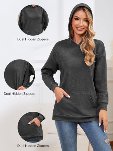 Ecavus Womens Nursing Sweatshirts for Breastfeeding Hidden Zipper Hoodie - color: Dark Gray, size: Medium