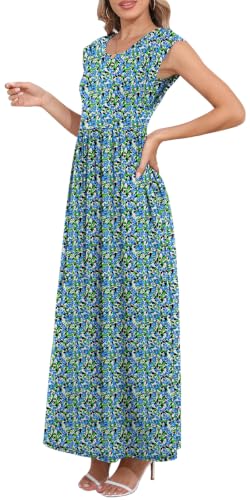 DB MOON Womens 2026 Maxi Dresses Empire Waist Long Summer Dress Casual Cap Short Sleeve Sundress with Pockets - color: Blue-bloom Leaf, size: Small