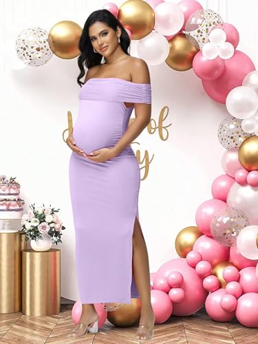 Women's Maternity Mesh Off Shoulder Party Long Dress Baby Shower - color: Violet, size: X-Large