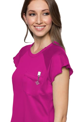 Med Couture Layers Womens Scrubs Top Rib Knit Neck Chest Pocket - color: Amp Pink, size: Small