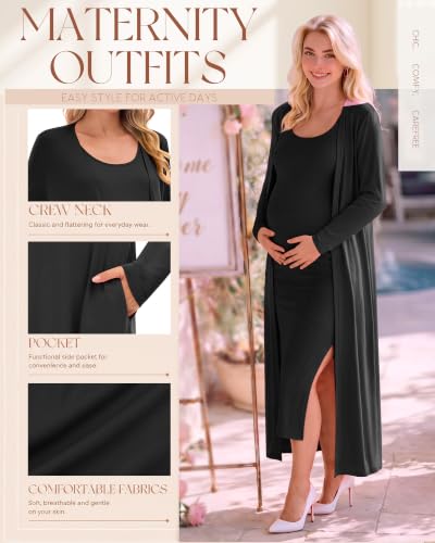 Huukeay 2 Piece Women Maternity Dress Set Baby Shower Outfit - color: Black, size: Small