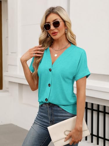 TICTICMISS Womens Summer Tops Short Sleeve Button Down V Neck T Shirts - color: Aqua, size: X-Large