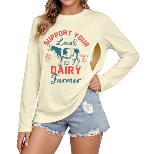 Womens Nursing Breastfeeding Shirt Long Sleeve Hidden Zipper Postpartum Top - color: C-apricot, size: Small