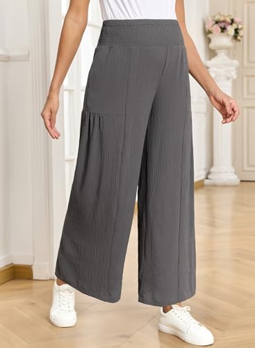 BLENCOT Maternity Smocked Waist Palazzo Pants Wide Leg Casual Trousers - color: Grey, size: Medium