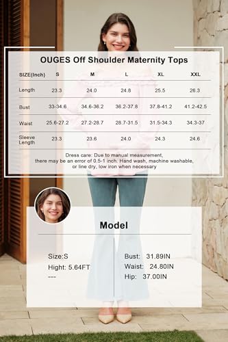 OUGES Womens Cotton Blend Off The Shoulder Maternity Tops Smocked Ruffle Sleeve Blouse Going Out Pregnancy Shirts 2025 - color: Pink, size: X-Large