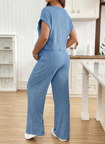BLENCOT Maternity Sets Summer Ribbed Knit Pajamas Outfits - color: Blue, size: X-Large
