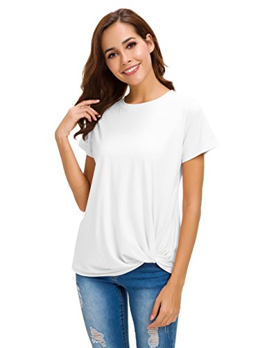 LUSMAY Womens Short Sleeve Loose Twist Knot Front T Shirts Cotton Casual Blouse - color: White, size: Medium